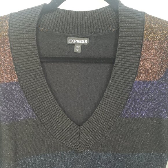 3/$25 Express Metallic Striped Sweater M V Neck Pullover Multicolor Black - Picture 6 of 7